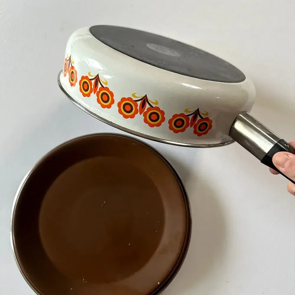 Vintage 1970s Japan Sanko Ware Floral Enamel Sauce Pan Show Pan w/ Lid